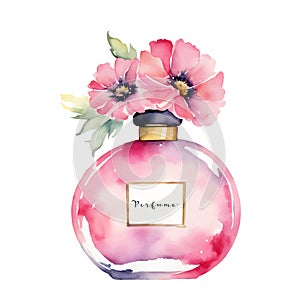 Watercolor bottle of pink perfume decorated flowers isolated on white.