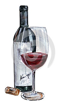 Watercolor bottle red wine glass on white background. isolated