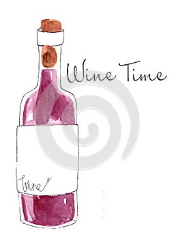 Watercolor bottle of red wine isolated on white background