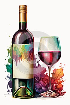Watercolor bottle of red wine with wineglass, vector illustration.