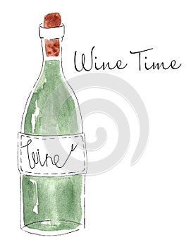 Watercolor bottle of white wine isolated on white background