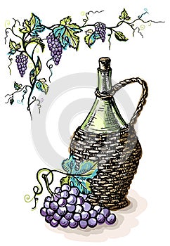 Watercolor bottle of wine in wicker basket and grape