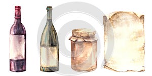 Watercolor bottles of red and white wine, a jam jar and, piece of old paper. Hand drawn illustration