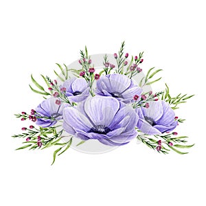 Watercolor bouquet of anemones, sprigs of eucalyptus and chamelaucium isolated on white. Hand painted flowers and leaves