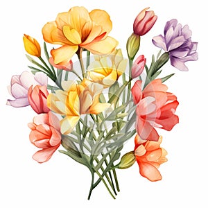 Watercolor Bouquet Of Beautiful Flowers For Gift Design