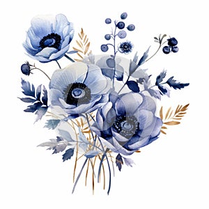 Watercolor Bouquet: Blue Anemone, Berries, And Leaves