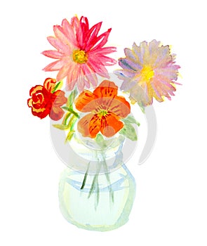 Watercolor bouquet of colorful flowers in glass vase.