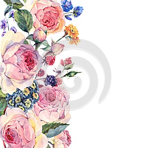 Watercolor bouquet of English roses and wildflowers
