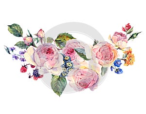 Watercolor bouquet of English roses and wildflowers photo