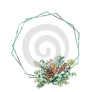 Watercolor bouquet with eucalyptus leaves, cone, fir branch and berries on polygonal frame. Hand painted green branch
