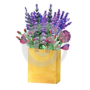 Watercolor bouquet of field fragrant flowers - lavender, allium, herbs