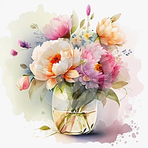 Watercolor bouquet of flowers in glass. Generative ai