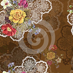 Watercolor Bouquet Flowers on a Napkin. Handiwork Seamless Pattern on a Brown Background.