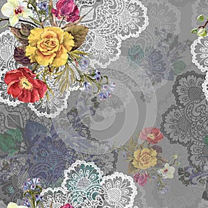 Watercolor Bouquet Flowers on a Napkin. Handiwork Seamless Pattern on a Gray Background.