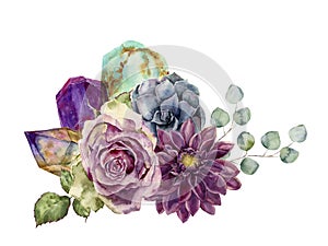Watercolor bouquet of flowers, succulents, eucalyptus and gem stones. Hand drawn composition isolated on white
