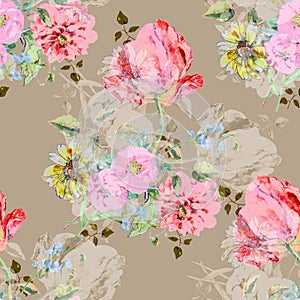 Watercolor bouquet flowers with tulip. Seamless pattern on a beige background.