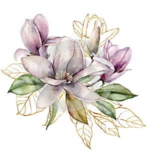 Watercolor bouquet with golden branch, magnolias and leaves. Hand painted floral card with flowers isolated on white