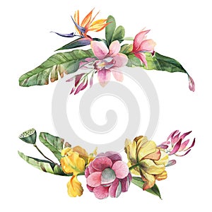 Watercolor bouquet of green leaves, pink and red tropic flowers isolate in white background