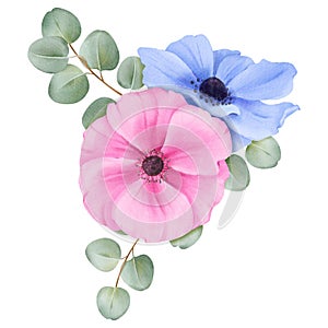 watercolor bouquet of pink and blue anemones with eucalyptus foliage. Ideal for adding a pop of color to event decorations,