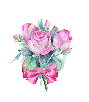 Watercolor bouquet. Roses and bow