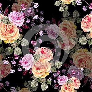 Watercolor bouquet of roses on dark background. Seamless pattern