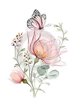 Watercolor bouquet with roses, eucalyptus and butterfly. Big transparent pink flowers with curved plants. Pastel bright