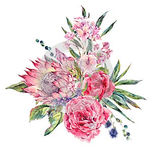 Watercolor bouquet of roses, protea and wildflowers