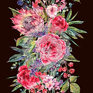 Watercolor bouquet of roses, protea and wildflowers