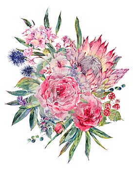 Watercolor bouquet of roses, protea and wildflowers