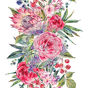 Watercolor bouquet of roses, protea and wildflowers