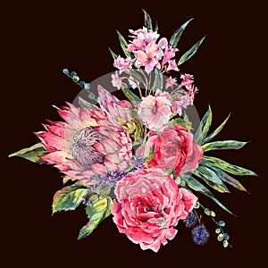 Watercolor bouquet of roses, protea and wildflowers