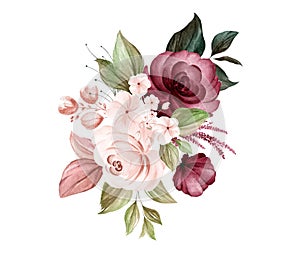 Watercolor bouquet of soft brown and burgundy roses and leaves. Botanic decoration illustration for wedding card, fabric, and logo