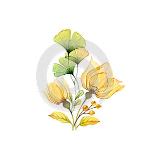 Watercolor bouquet. Transparent yellow Roses with green ginkgo leaves isolated on white. Hand painted abstract