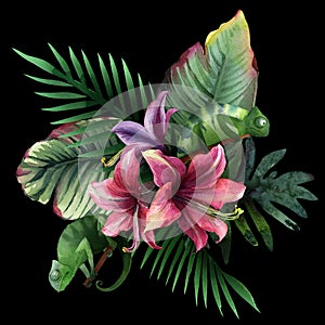 Watercolor bouquet of tropical flowers, leaves and chameleons on dark background