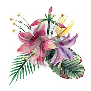 Watercolor bouquet of tropical flowers and leaves on white background