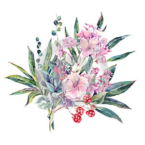 Watercolor bouquet of tropical and wildflowers