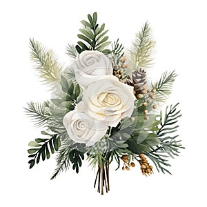 Watercolor bouquet with white roses, cone, fir branch and berries. Eco floristy. Hand painted forest green brunch