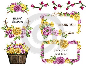 Watercolor bouquets of flowers Yellow and Pink wreath frame set