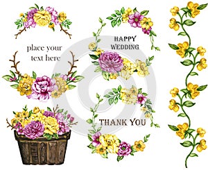 Watercolor bouquets of flowers Yellow and Pink wreath frame set