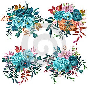 Watercolor Bouquets with teal flowers isolated on white background