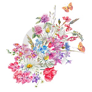 Watercolor bouquets of wildflowers and butterflies