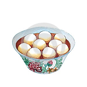 Watercolor bowl of traditional chinese dessert tang yuang