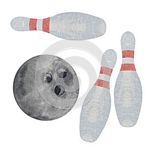 Watercolor bowling black ball and pins illustration isolated on white background