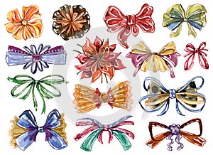 Watercolor bows set in different colors and styles. Isolated on white background.