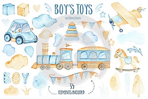 Watercolor boys toys baby shower set with car airplane train garland and trees clouds