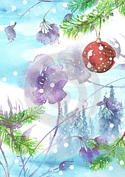 Watercolor branch of spruce, pine with New Year`s toy ball.Symbol of the new year.Christmas Tree.Misty forest, haze.wood on a snow