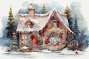 Watercolor brick house in winter forest. Christmas illustration. Holiday card for design or print