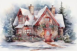 Watercolor brick house in winter time. Christmas illustration. Holiday card for design or print