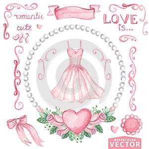 Watercolor bridal shower set.Pink dress,roses