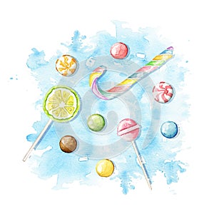 Watercolor bright candies, lollipops and sweets on blue stain background